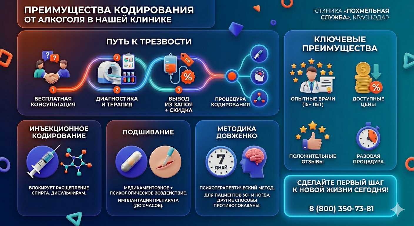 Инфографика о методах кодирования от алкоголя в Смоленске: инъекции, подшивание, метод Довженко. Преимущества клиники и этапы лечения.