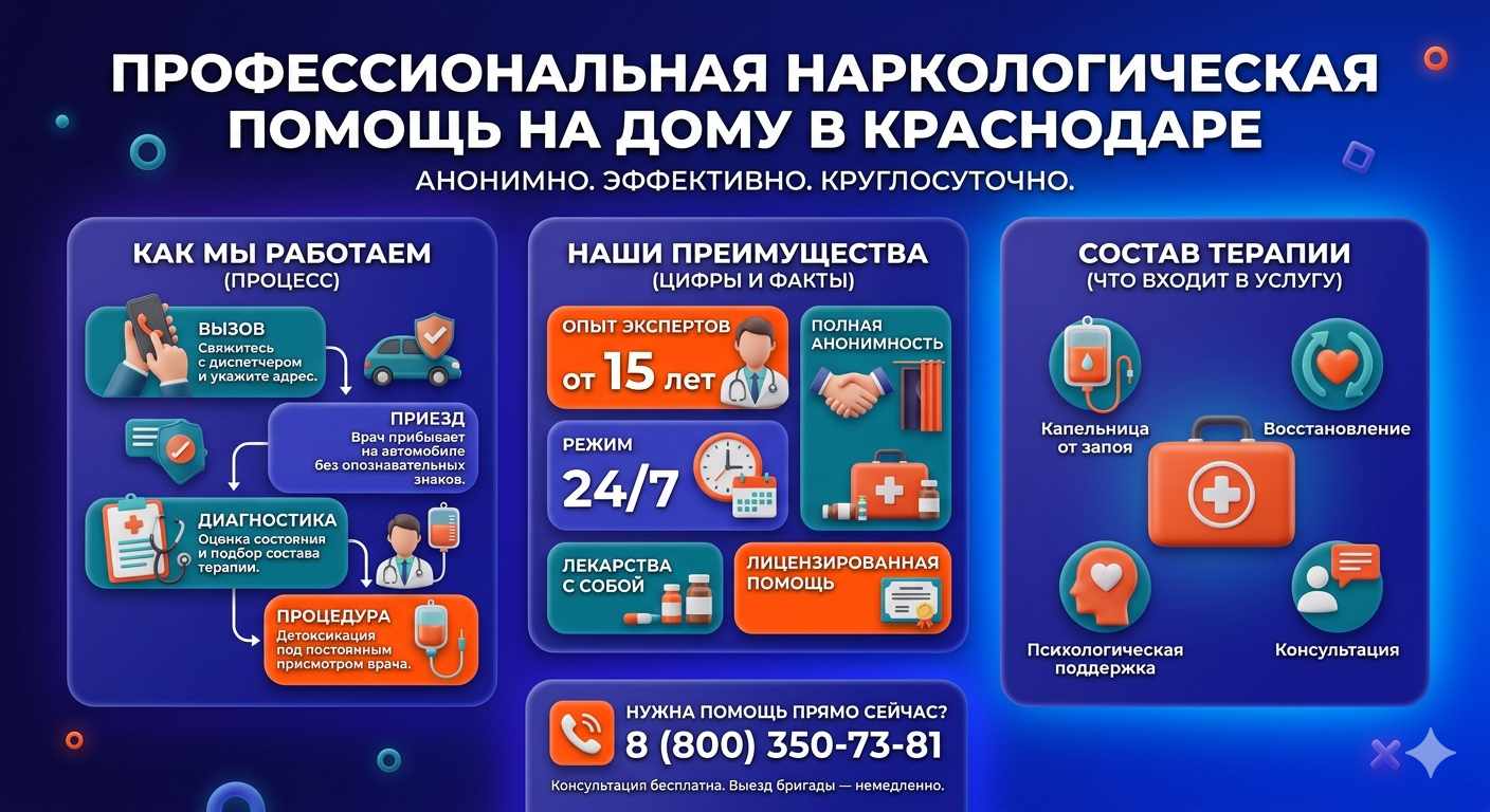 Инфографика о принципах лечения алкоголизма на дому в Смоленске: этапы вызова нарколога, преимущества анонимной детоксикации и состав медицинской помощи.
